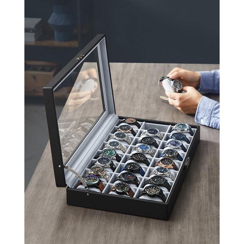 SONGMICS Watch Box 24-Slot Watch Case Lockable Storage Box with Glass Lid  Black Synthetic Leather Gray Lining, 2 of 7