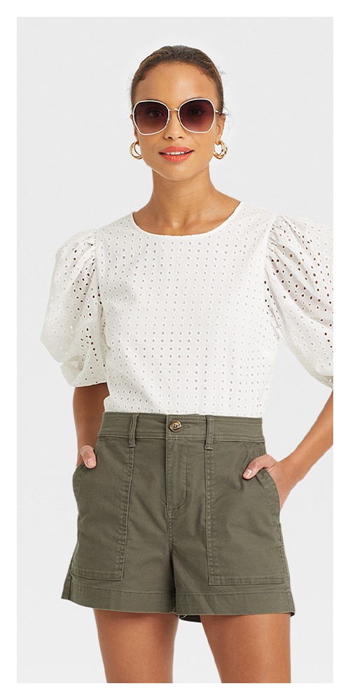Women's High-Rise Utility Shorts - A New Day™ Olive Green 2, Women's Short Puff Sleeve Eyelet Top - A New Day™ White XS, Multi Tube Hoop Earrings - A New Day™ Gold