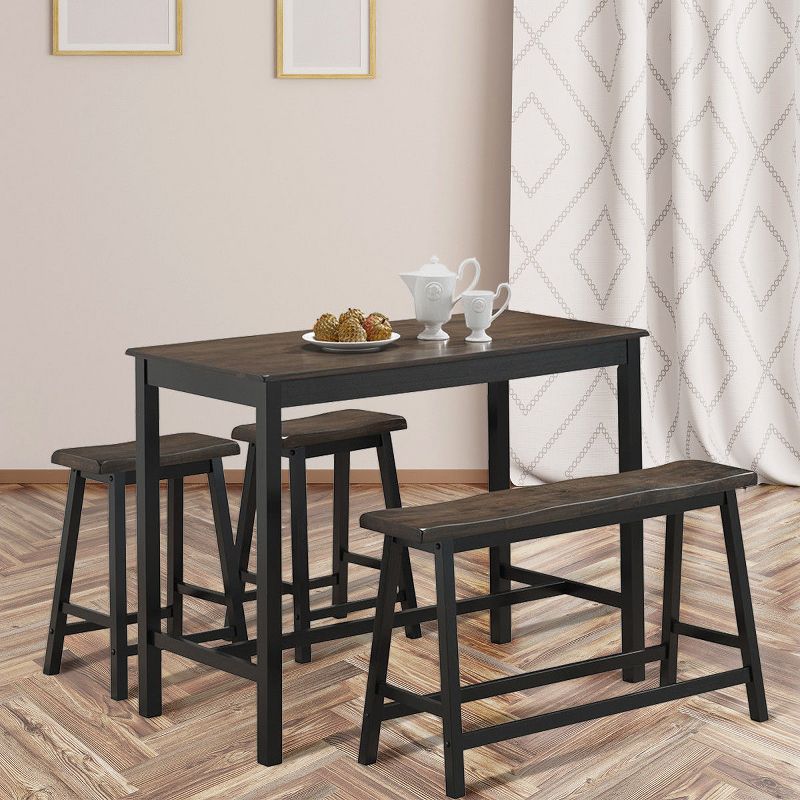 Costway 4 Pcs Solid Wood Counter Height Table Set w/ Height Bench & Two Saddle Stools, 3 of 6