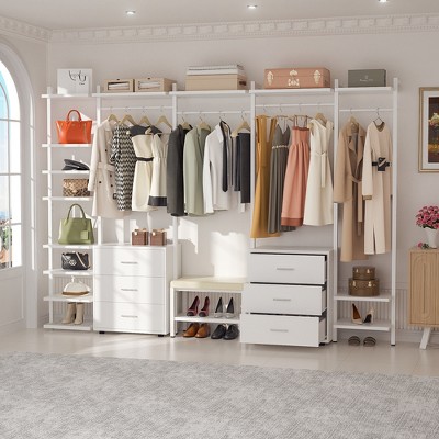 Aheaplus 68"-96" Closet Organizer with 6-Drawers,4 Clothing Rack