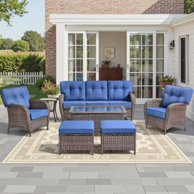 Buenhomino High Back Patio Furniture Set with 5-Inch Thick Cushion, Outdoor Conversation Set with Sofa, Swivel Rocker Chairs & Ottomans