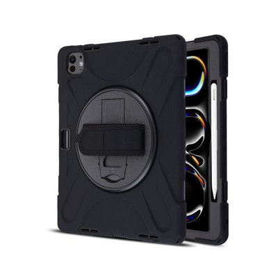 MyBat iPad Case with 360° Rotating Kickstand for Apple iPad Pro 13 (2024), Hand Strap & Pen Holder – Heavy Duty Shockproof Cover，Black