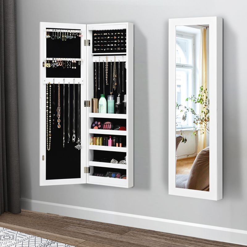 Costway Wall Door Mounted Mirrored Jewelry Cabinet Organizer Storage w/LED Light White, 2 of 11