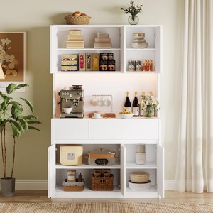 Homhougo Tall Kitchen Storage Cabinet with Shelves, Doors, Microwave Stand, Corner Pantry Cabinet with Lights, White - 1 of 4
