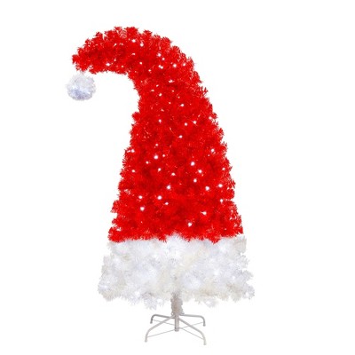 Pre-Lit Curved Christmas Tree, Santa Hat Shape Whimsical Artificial Xmas Tree with 1050 Branch Tips and Warm LED Lights 6FT for Holiday Home Décor