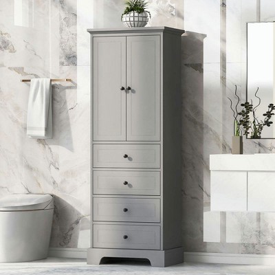 Resenkos Storage Cabinet with 2 Doors and 4 Drawers for Bathroom, Office, Adjustable Shelf, MDF Board with Painted Finish, Grey Gray