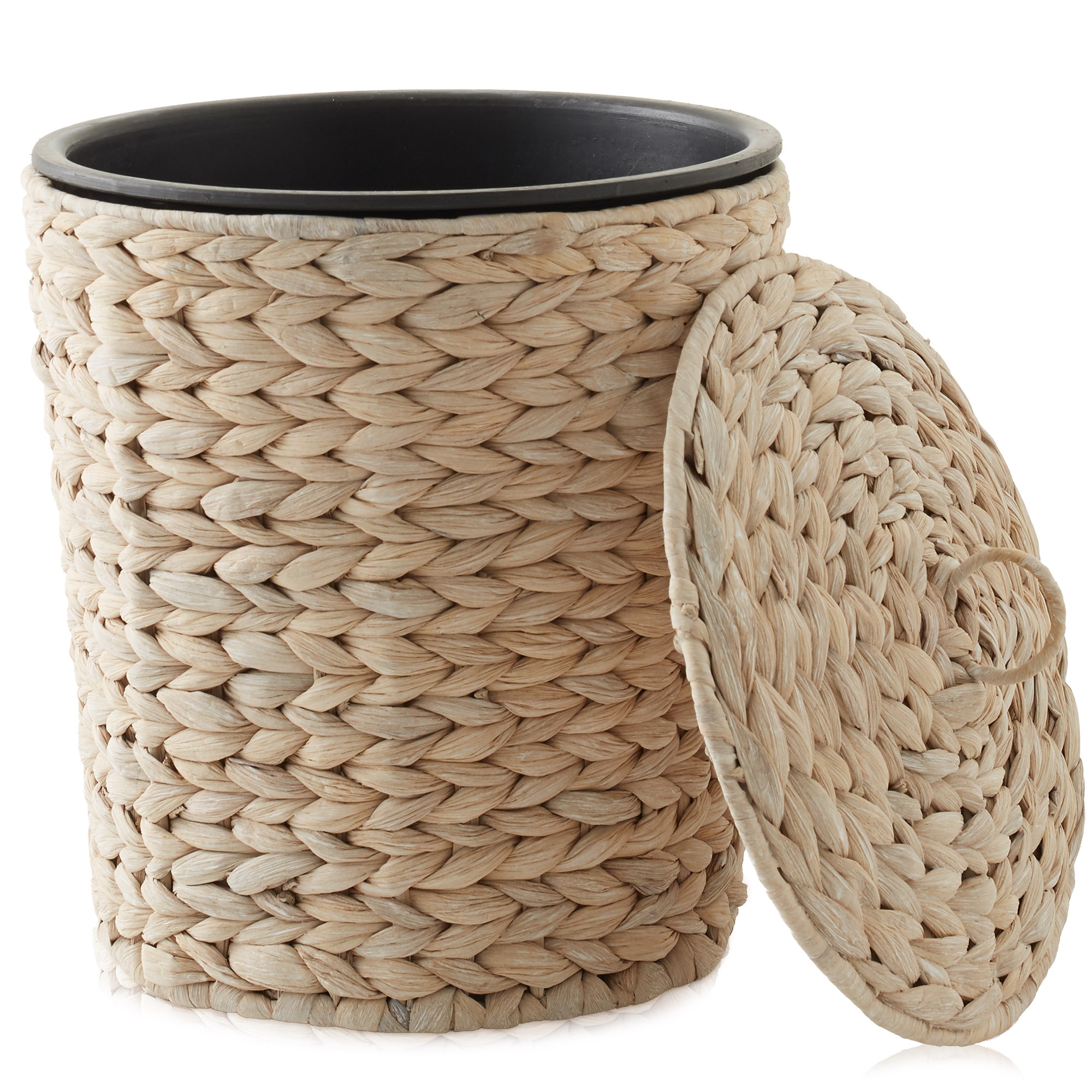 Casafield Hyacinth Trash Can with Lid and Liner - Whitewash White, Woven Wicker Waste Basket for the Bathroom, Bedroom, Laundry Room, Home Office