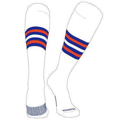 PEAR SOX Striped OTC Baseball, Softball, Football Socks (F) White, Royal, Orange