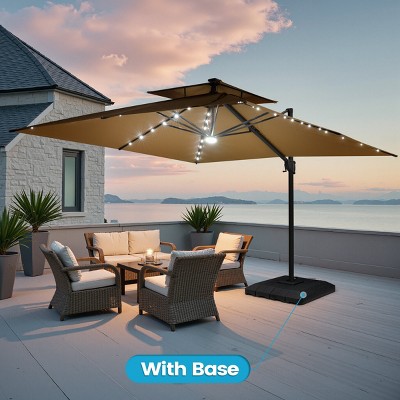 Crestlive Products 11FT Patio Double Top Cantilever Umbrella with Light and Base Set Outdoor 360° Rotation 6 Heights Adjustable Offset Umbrella