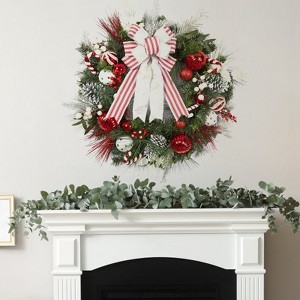 30 Inch Christmas Wreath - PVC Base, PE Plastic Leaves, Iron Wreath Frame, Warm White Lights, and Eight Function Lights - 1 of 4