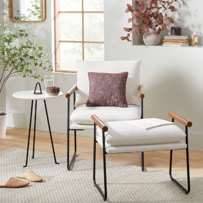Cream and Black Cushioned Metal and Wood Ottoman