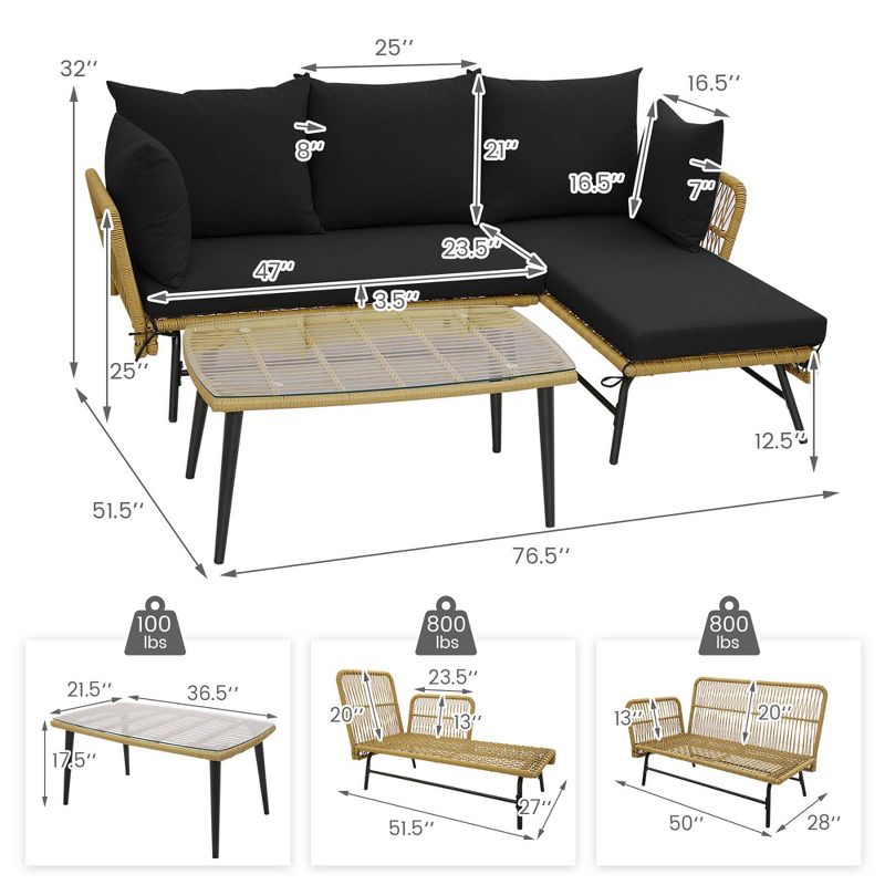 Costway 3 PCS L-Shaped Patio Sofa Set Conversation Furniture with Cushions Deck Garden Black/Beige, 3 of 11