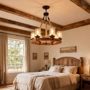 GDFStudio Rian Rustic Wooden Wagon Wheel Chandelier Ceiling Light with Seeded Glass Shade and Adjustable Chain - 1 of 4