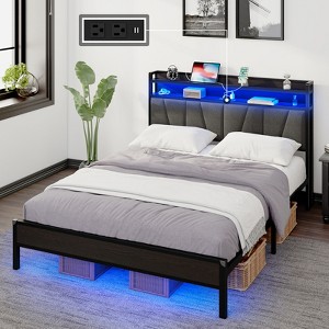 Bed Frame with LED Lights & Charging Station, Linen Upholstered Headboard with 2-Tier Storage - 1 of 4