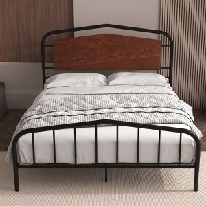 Metal Bed Frame, No Box Spring Needed,  Under Bed Storage, Noise-Free, Heavy Duty Metal Platform Bed Frame with Wooden Headboard, Brown (Queen Size) - 1 of 4
