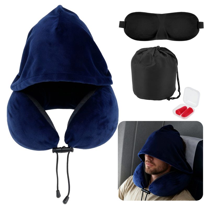Unique Bargains Travel Neck Pillow with Extra Large Hood Navy Blue 1 Set