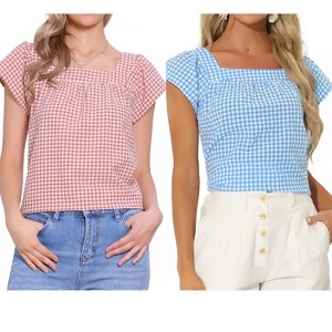INSPIRE CHIC Women's Summer Square Neck Gingham Cap Sleeve Blouses 2 Packs - 1 of 4