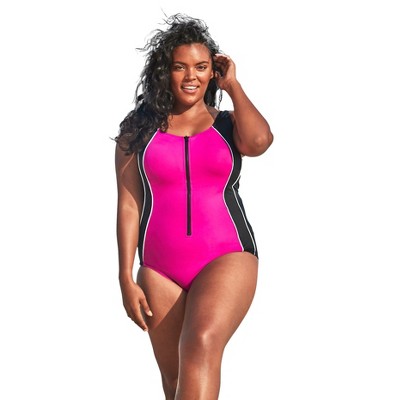 Swim 365 Women's Plus Size Zip-Front One-Piece With Tummy Control