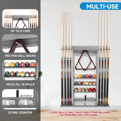 Brushed Gray Solid Wood Wall Mounted Pool Cue Rack with Score Counter
