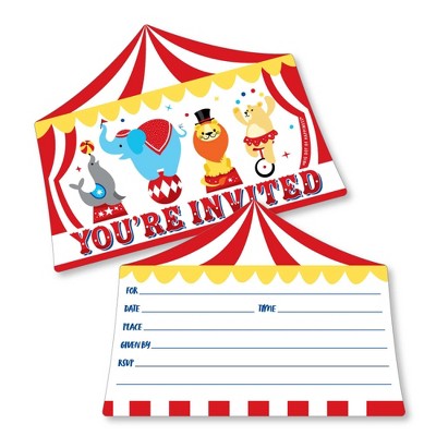 Big Dot of Happiness Carnival - Step Right Up Circus - Shaped Fill-In Invitations - Carnival Themed Party Invitation Cards with Envelopes - Set of 12