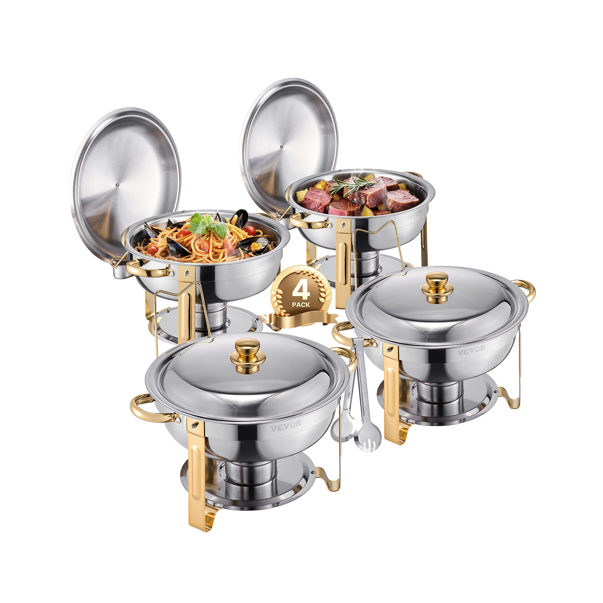VEVOR Chafing Dish Buffet Set, 5 Qt 4 Pack, Stainless Steel Chafer with 4 Full Size Pans, Round Catering Warmer Server with Lid Water Pan, Silver
