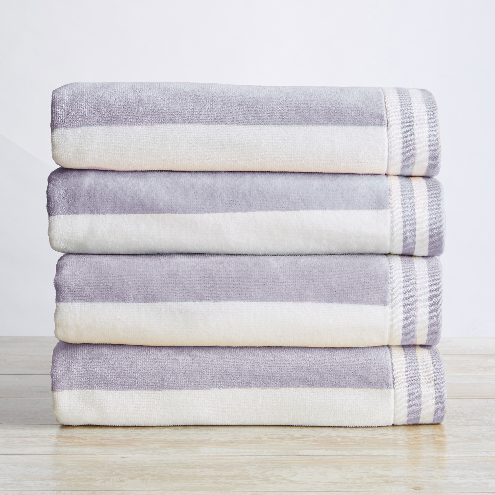 100% Cotton Cabana Striped 4 Pack Oversized Beach Towels - Great Bay Home (35" x 70", Lavender Purple)