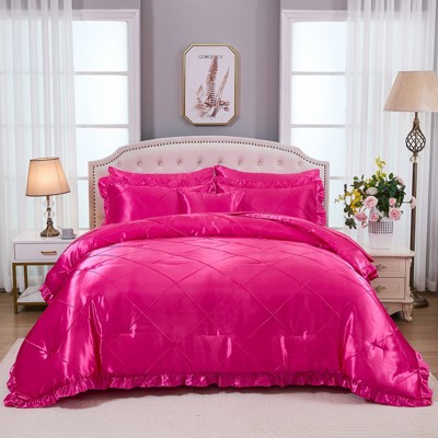 Satin Comforter Set with Sheet Set – Like Bed in a Bag, Ruffle Pinch Pleat Bedding, Soft Luxury Silky Quilt Set with Cushion Cover