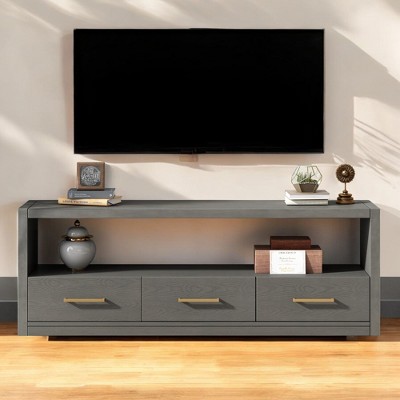 Stylish TV Stand with Ample Storage,Three Drawers & Minimalist Metal Handles,Open Shelves,Versatile TV Console or Side Cabinet Table for Home