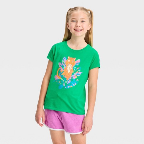 Girls' Short Sleeve 'Tiger' Graphic T-Shirt - Cat & Jack™ Green - image 1 of 3