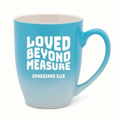 Elanze Designs Loved Beyond Measure Ephesians 3:19 Two Toned Ombre Matte 10 ounce New Bone China Coffee Tea Cup Mug, Teal and White