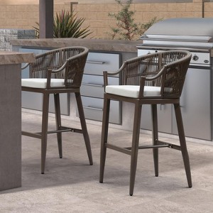 PURPLE LEAF Outdoor Bar Stools Set of 2 Patio Wicker Modern High Bar Chairs Metal Cushioned Barstools with Backs and Ergonomic Armrest - 1 of 1
