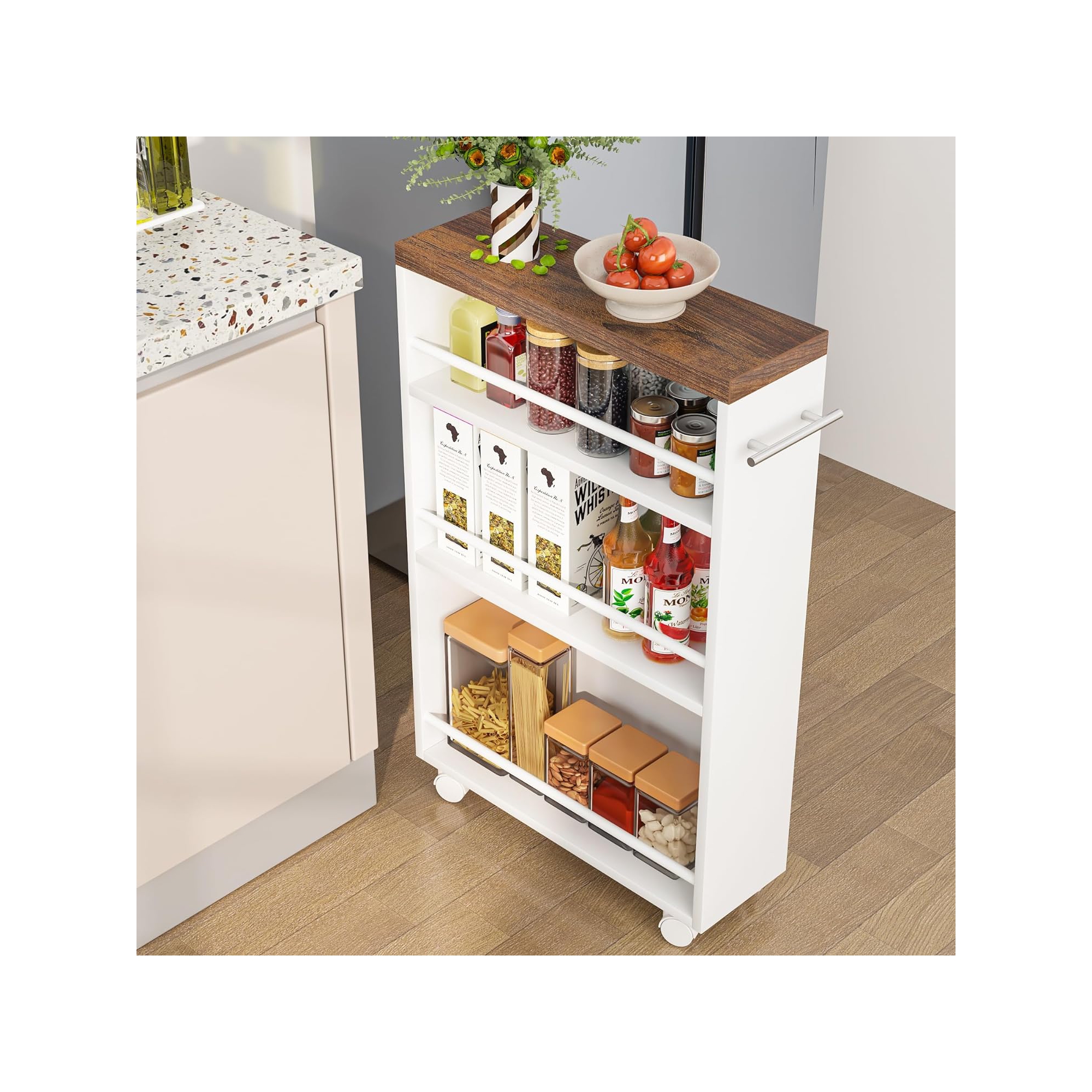 Lantine Slim Storage Cart, Rolling Narrow Kitchen Cart on Wheels for Small Place, 4-Tier Slide Out Utility Cart with Handle, White