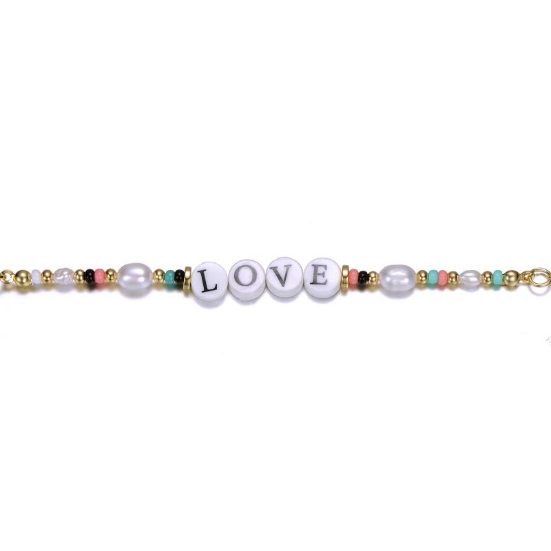 Guili 14k Yellow Gold Plated Multi Color Beads Bracelet with Freshwater Pearls and Love Tag in Circular Charms for Kids., 2 of 3