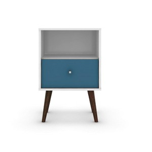 Gulches 18" Aqua Blue & White Nightstand, 1 Drawer & Open Cubby, Solid Wood Legs & Metal Handle, Sturdy Particle Board Side Table - 1 of 4