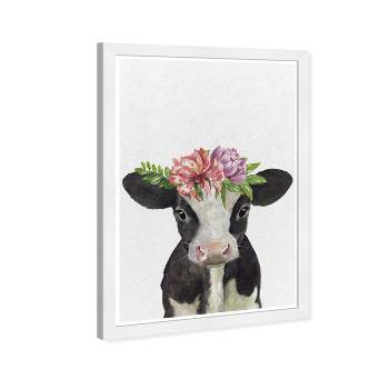 13" x 19" Floral Cow Animals Framed Wall Art Gray - Olivia's Easel