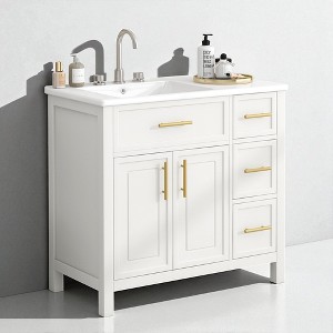 36" Modern Bathroom Vanity with Ceramic Sink, Solid Wood Base, 2-Door Cabinet & 3 Drawers, Freestanding Design - 1 of 4