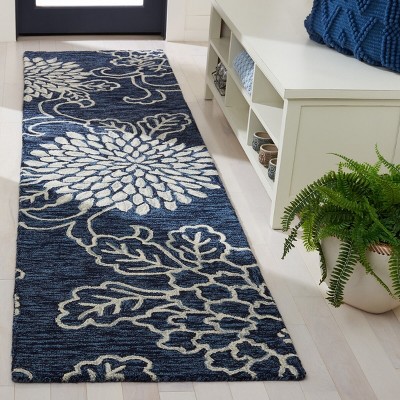Navy and Ivory Floral Hand-Tufted Wool Runner Rug