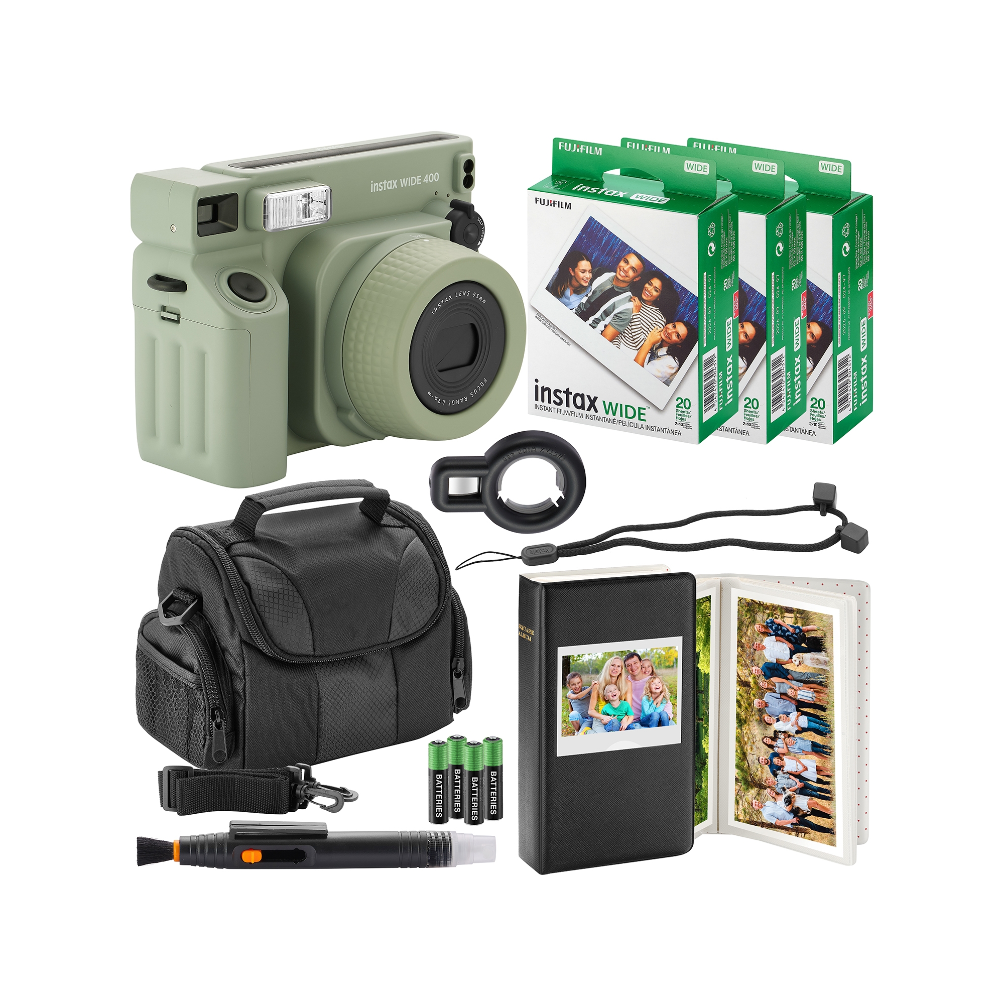 Fujifilm Instax Wide 400 Instant Camera + Camera Case + 4 AA Batteries + Photo Album, Cleaning Pen + 60 Photo Prints