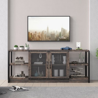 Rustic Brown and Black Metal Mesh Door TV Stand for 65+ Inch TV