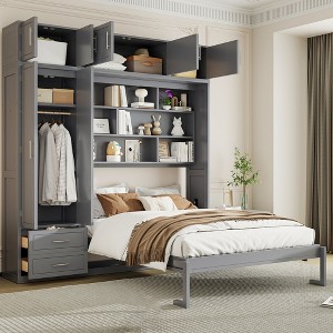 Whisen Twin Size Wall Murphy Bed with Top Cabinet, Shelves ,Space Saving Foldable Bed with Light & USB - 1 of 4