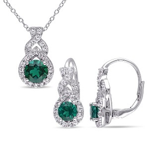 EVERLY JEWELRY | Sterling Silver 3 1/5 CT TGW Created White Sapphire and Created Emerald Halo Twisted Leverback Earrings and Pendant with Chain Set - 1 of 4