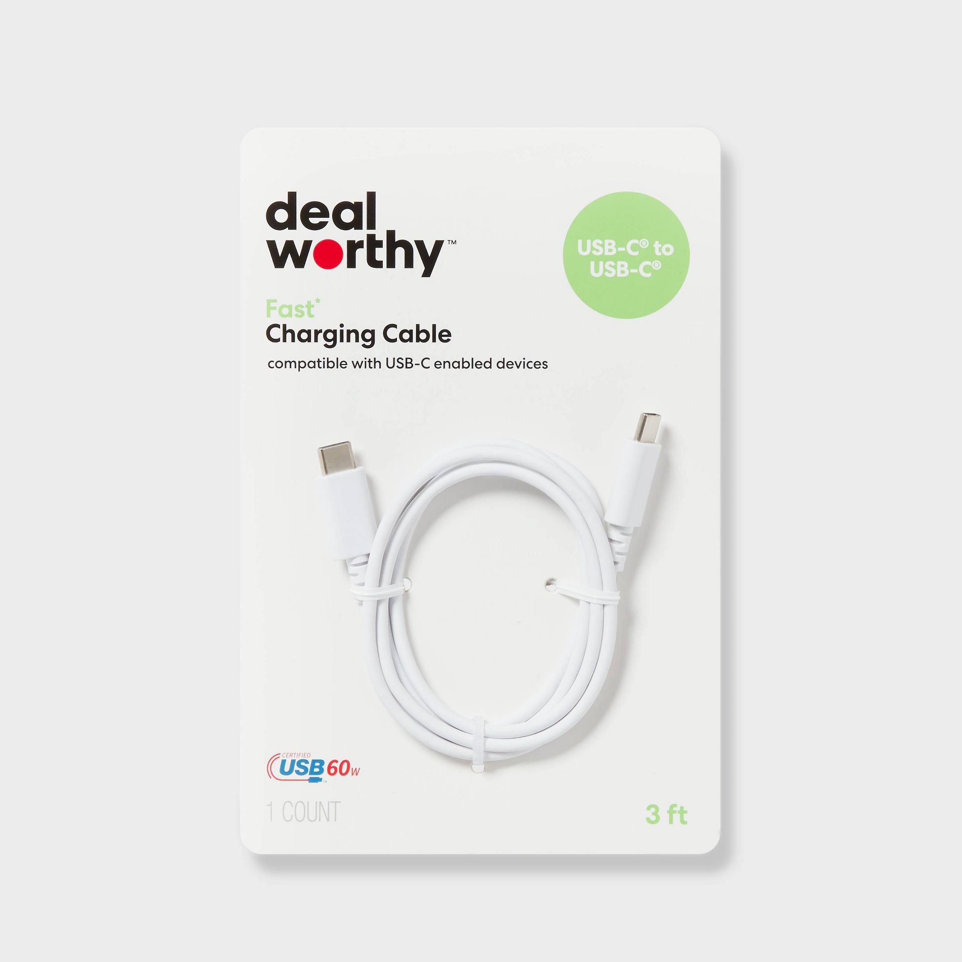 3' USB-C to USB-C Charging Cable - dealworthy™ White: Male-To-Male Connection