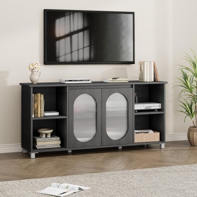 Homhougo Modern Open Rainbow Glass TV Cabinet Stand for 60/65/70 Inch TV, Media Console Cabinet with 2 Corrugated Glass Doors Black