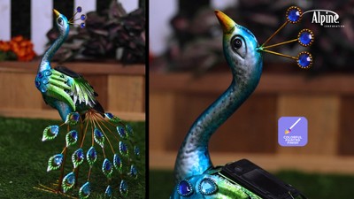 Solar-Powered Blue and Green Metal Peacock Garden Sculpture with LED Light, 20"