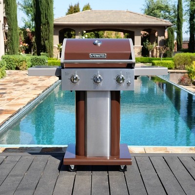 Mocha Stainless Steel 3-Burner Propane Gas Grill with Foldable Side Tables