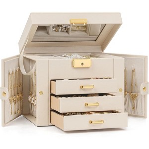 Leather Jewelry Box with Mirror & Lock, 3-Tier Organizer with 2 Drawers for Necklaces & Bracelets - 1 of 4