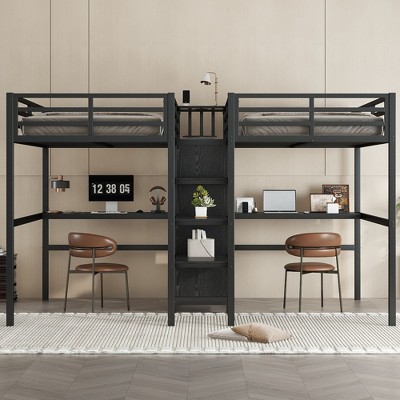 NicBex Twin Over Twin Metal Loft Bed with Double Desks,Wardrobe&Charging Station,Space-Saving&Noise Reduced Double Loft Bed for 2,350lbs Max