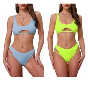 INSPIRE CHIC Women's Ribbed Scoop Neck Top Triangle Bottom Swimwear Bikini Suits 2 Sets - 1 of 4