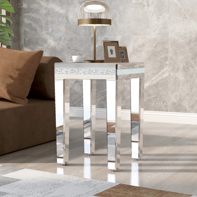 LOVMOR Modern Glass Mirrored Side Table, Easy Assembly End Table with Crystal Design and Adjustable Height Legs