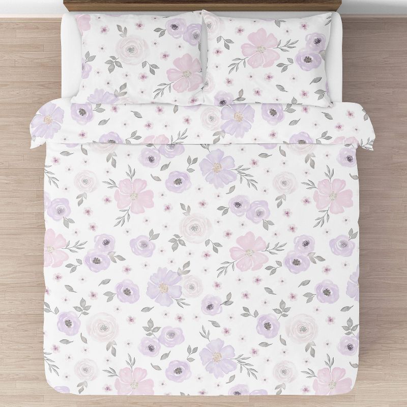 3pc Watercolor Floral Full/Queen Kids&#39; Comforter Bedding Set Lavender and Gray - Sweet Jojo Designs, 3 of 9